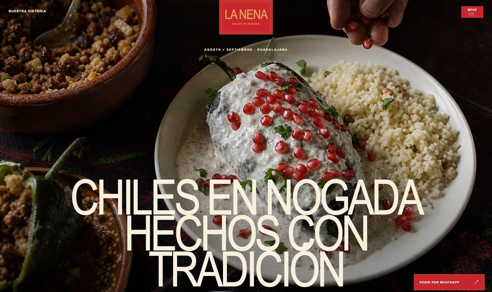 Página principal de La Nena con un chile en nogada, fotografía de producto y pedido directo