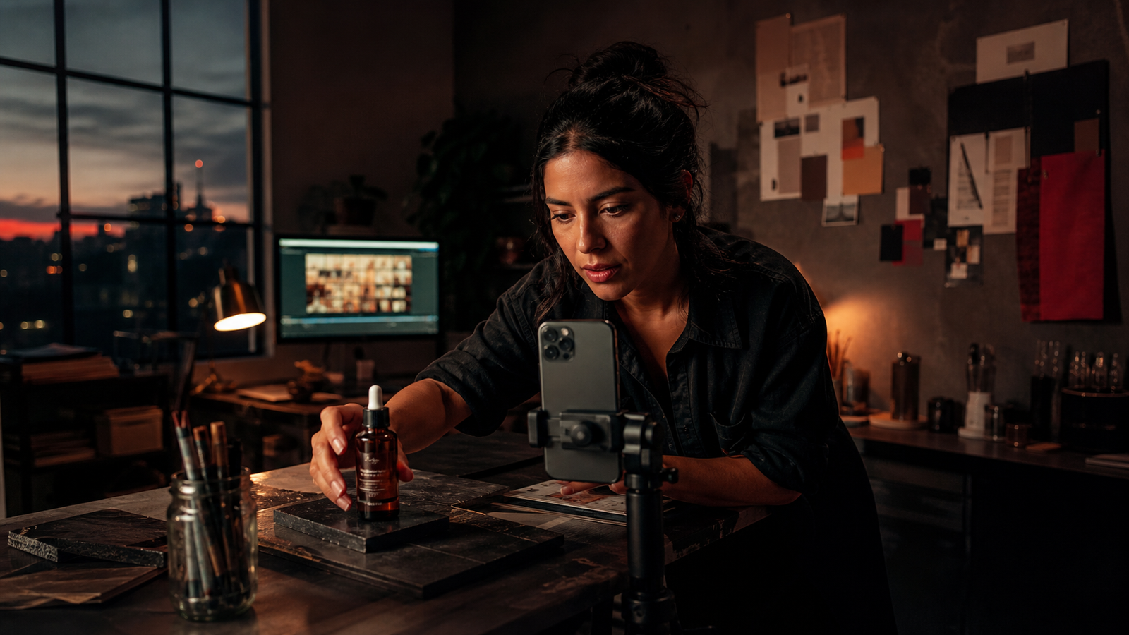 Emprendedora preparando un producto frente a un teléfono para grabar un Short